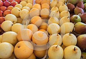 Organic chinese or japanese pears for sale at farmers market