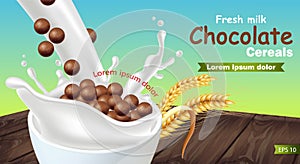 Organic Chocolate cereals in milk splash Vector realistic mock up. Product placement label design. 3d detailed illustrations
