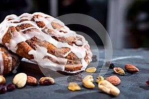 Organic cinnamon rolls with nuts and fruit