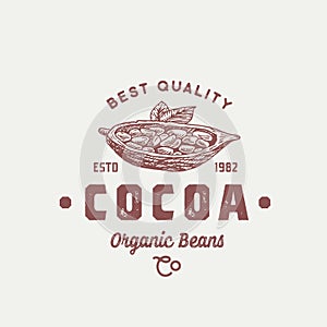 Organic Cocoa Beans Abstract Vector Sign, Symbol or Logo Template. Hand Drawn Sketch Cacao Bean Sillhouette with Leaves