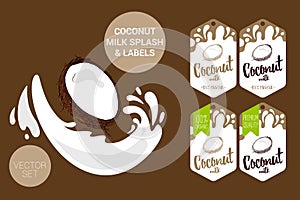 Organic coconut milk labels tags. Colorful tropical stickers.