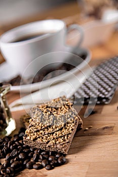 Organic coffee on wooden table, home concept