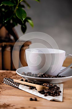 Organic coffee on wooden table, home concept