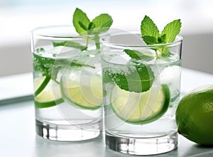 Organic cold refreshing lemonade drink or cocktail made of sparkling water, lime slices and fresh green mint leaves