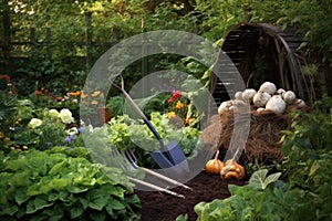 organic compost heap with gardening tools nearby