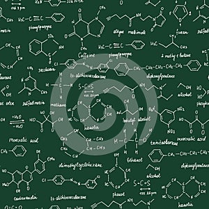 Organic compounds. Seamless texture. Sketch of the school blackboard with the chemestry organic compound. Organic