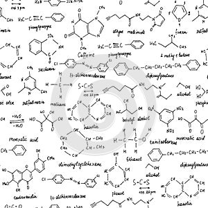 Organic compounds. Seamless texture. Sketch of the school blackboard with the chemestry organic compound. Organic