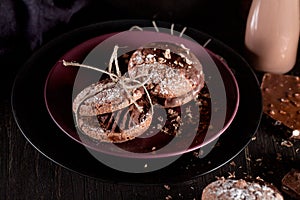 Organic cookies with pieces of chocolate on a plates on old wood