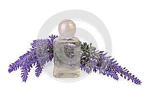 Organic cosmetic in bottle and lavender flowers on white background