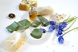 Organic cosmetic. Components herb cosmetics and cream. Handmade soap with oatmeal, essential oil and flowers. Good for healthy lif