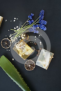 Organic cosmetic. Components herb cosmetics and cream. Handmade soap with oatmeal, essential oil and flowers. Good for healthy lif