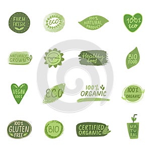 Organic cosmetic icon set. Eco fiendly, bio certified product. Vegan healthy food logo. Farm fresh label. Nature
