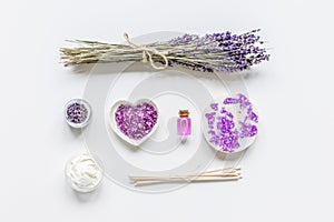 organic cosmetic with lavender oil on white background top view mock up