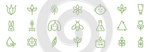 Organic cosmetic line icons big set. GMO free emblems. Eco, vegan, bio food. Hypoallergenic, safe for children, clean