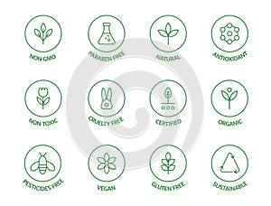 Organic cosmetic line icons set. GMO free emblems. Natural product badges. Product free allergen labels. Organic