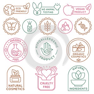 Organic cosmetics badges. Bio beauty products for skin, package seal ecology, vegan, natural ingredient. Eco food icon