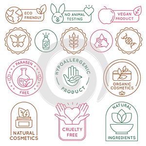 Organic cosmetics badges. Bio beauty products for skin, package seal ecology, vegan, natural ingredient. Eco food icon and label