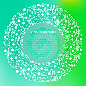 Organic cosmetics concept in circle with thin line icons. Signs: cruelty free, 0% alcohol, natural ingredients, paraben free, eco