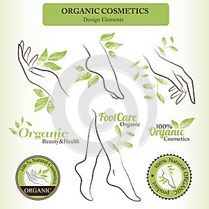 Organic Cosmetics Design Set with contoured female body parts - foot, hand