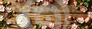 Organic Cosmetics with Floral Touch on Wooden Background - A Spa Concept for Serums, Creams, and Masks photo