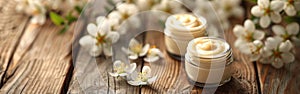 Organic Cosmetics with Floral Touch on Wooden Background - A Spa Concept for Serums, Creams, and Masks photo