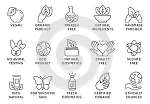 Organic cosmetics icon. Eco friendly cruelty free line badges for beauty products and vegan food. No animal tested