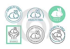 Organic cosmetics icons, logos thin line set, symbols of animal cruelty free collection