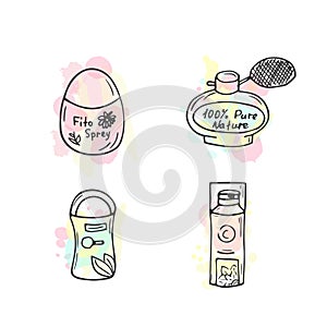 Organic cosmetics illustration. Vector cosmetic bottles. Doodle skin care items. Hand drawn set. Herbal lotion. Bio