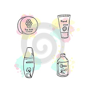 Organic cosmetics illustration. Vector cosmetic bottles. Doodle skin care items. Hand drawn set. Herbal lotion. Bio
