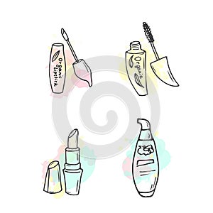 Organic cosmetics illustration. Vector cosmetic bottles. Doodle skin care items. Hand drawn set. Herbal lotion. Bio