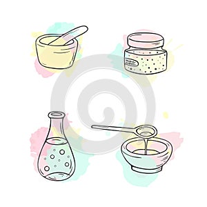 Organic cosmetics illustration. Vector cosmetic bottles. Doodle skin care items. Hand drawn set. Herbal lotion. Bio