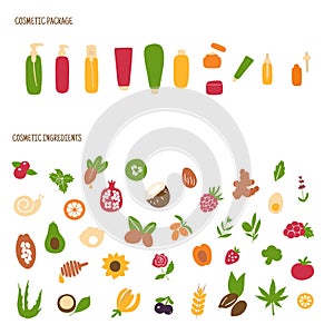 Organic cosmetics ingredients set for product packaging. Hand drawn packaging icons. Vector illustration