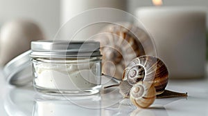 Organic cosmetics made with mucin and snail on table. Cream in a jar