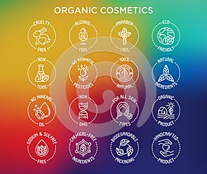Organic cosmetics set of thin line icons for product packaging. Cruelty free, 0% alcohol, natural ingredients, paraben free, eco