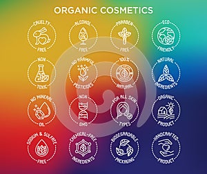 Organic cosmetics set of thin line icons for product packaging. Cruelty free, 0% alcohol, natural ingredients, paraben free, eco photo