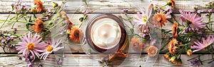 Organic Cosmetics Spa: Serums, Creams, and Masks on Wooden Background with Flowers - Natural Beauty and Skincare Concept photo