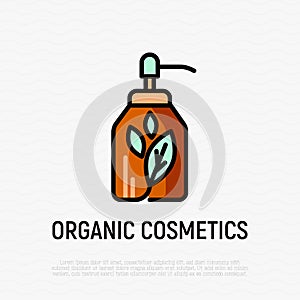 Organic cosmetics thin line icon: glass bottle with dispenser and leaf sign. Modern vector illustration for beauty shop