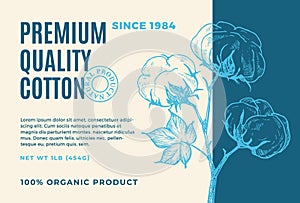 Organic Cotton Abstract Vector Product Label Design. Modern Typography and Hand Drawn Cotton Plant Branch with Leaves