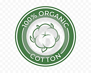 Organic cotton icon, 100 natural bio and eco product vector logo. 100 percent organic cotton tag for textile clothes, green vegan