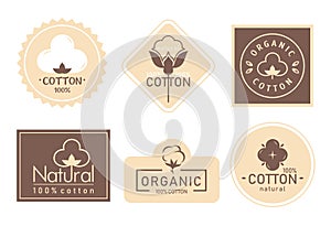 Organic cotton label vector illustration set, mark logo icons collection with cottonseed branch plant symbol emblem