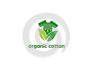 Organic cotton tshirt tee logo icon with green leaf and t shirt icon