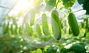 Organic cucumbers cultivation in greenhouse with copy space