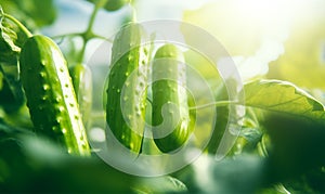 Organic cucumbers cultivation in greenhouse with copy space