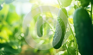 Organic cucumbers cultivation in greenhouse with copy space