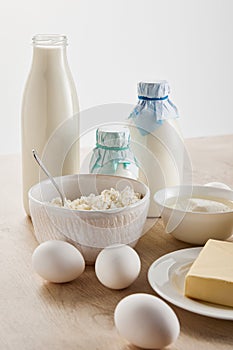 Organic dairy products and eggs on