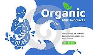 Organic dairy products illustration girl and jug of milk