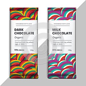 Organic dark and milk chocolate bar design. Choco packaging vector mockup. Trendy luxury product branding template with label and