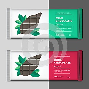 Organic dark and milk chocolate bar design. Choco packaging vector mockup. Trendy luxury product branding template with label and