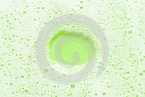 Organic detergent. Bubbles on a green background, copy space for text. Foam and water