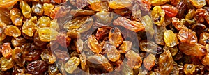 Organic Dried Raisins Background, top view. Flat lay, overhead